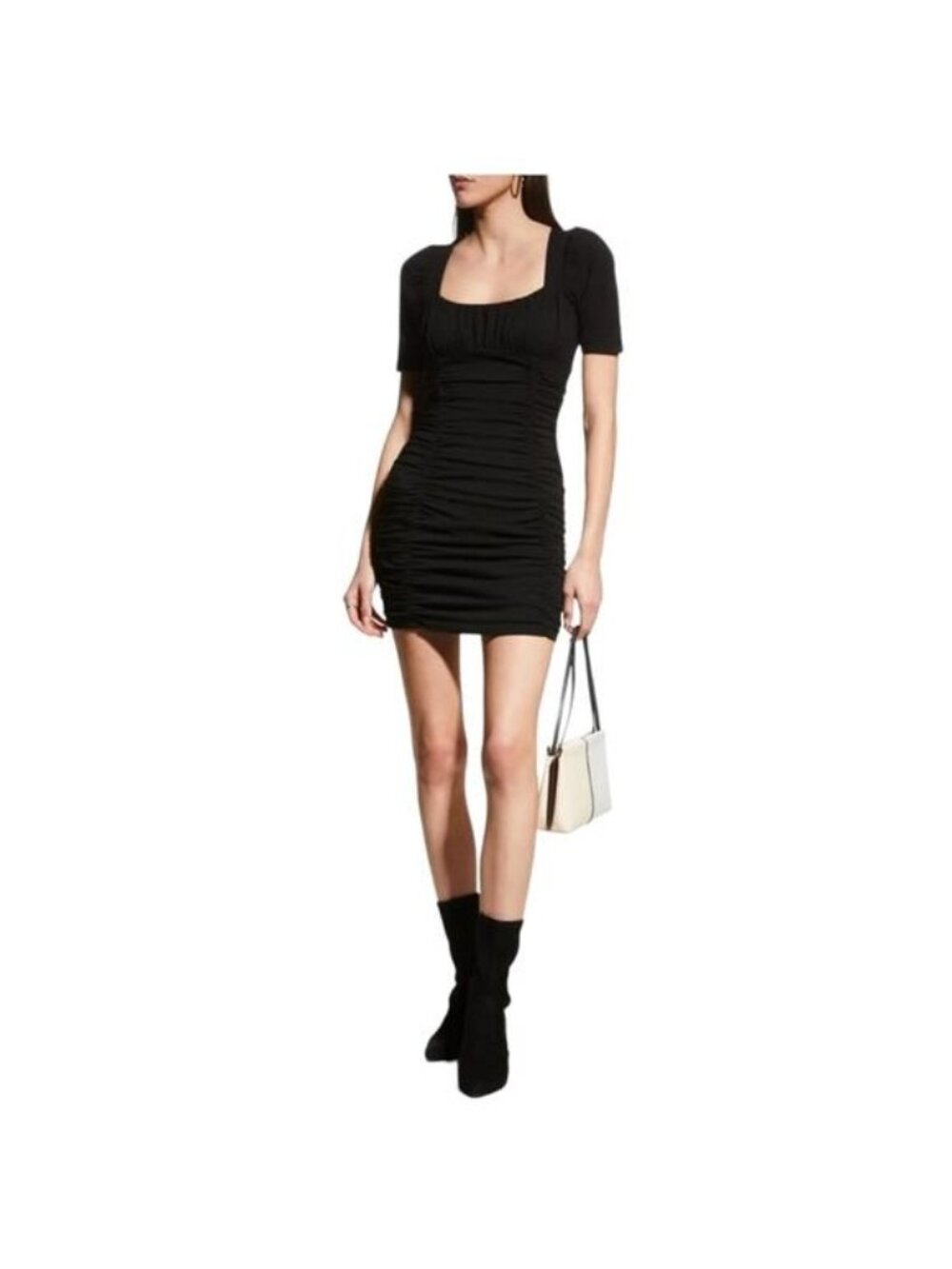 MONROW Womens L Black Ruched Bodycon Mini Dress Square Neck Short Sleeve NWT
